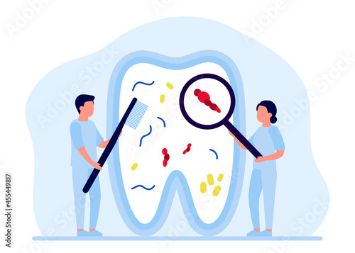 Tooth is cleaned from bacteria, tartar, whitening and treatment, checkup by dentist. Teeth repair, dental care. Oral hygiene. Prevention of dental diseases from dentist. Vector