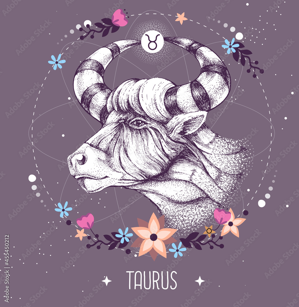 Modern magic witchcraft card with astrology Taurus zodiac sign. Realistic  hand drawing bull head Stock Vector | Adobe Stock