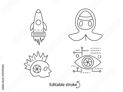 Cyberpunk outline icons set. Futuristic rocket. Skull and hood with mask. Digital eye