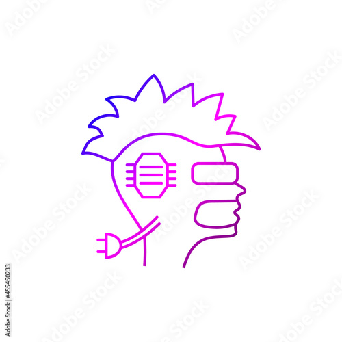 Human head with microchip outline icon. Skull with mohawk. Cyberpunk concet. High tech technology
