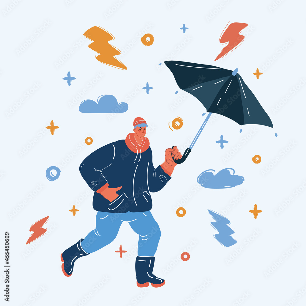 Vector illustration of man walk with umbrella