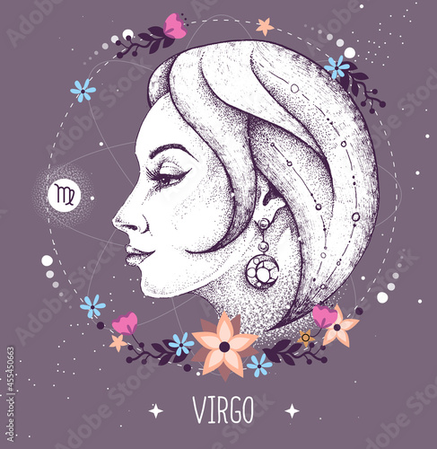 Modern magic witchcraft card with astrology Virgo zodiac sign. Realistic hand drawing woman head