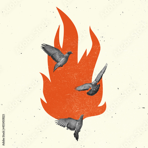Contemporary art collage, modern creative design. Idea, inspiration, saving environment, environmental care, ecology. Birds and fire
