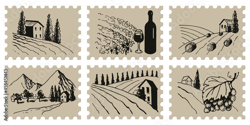Provencal landscapes, sketch, vintage collection. Design Element.