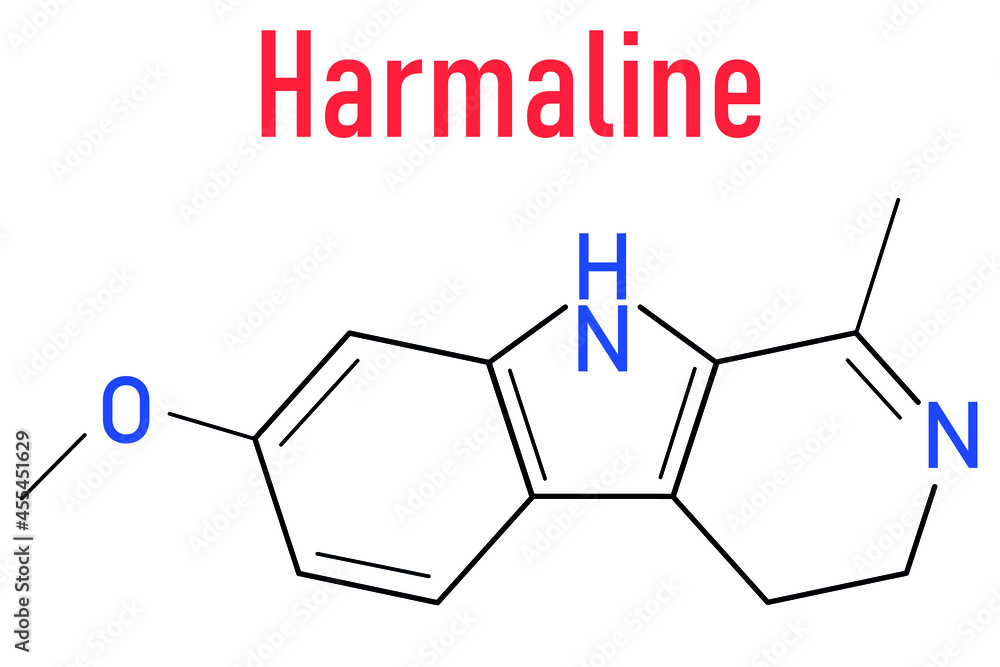 Harmaline indole alkaloid molecule. Found in Syrian rue (Peganum harmala). Skeletal formula. Harmaline indole alkaloid molecule. Found in Syrian rue (Peganum harmala). Skeletal formula.