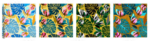 Vector set of four seamless patterns with protea and tropical leaves.