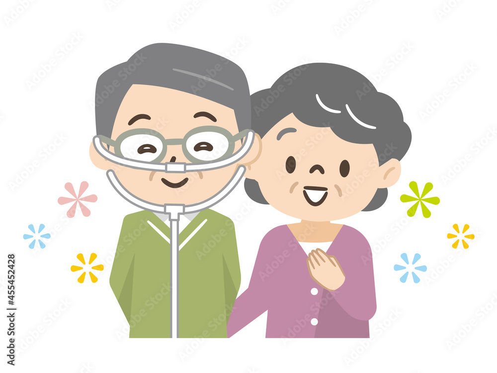 酸素療法中のシニア男性と家族