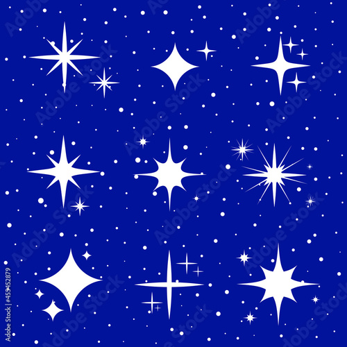 Collection of flat shiny stars on blue background