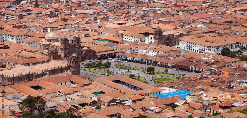 Cusco or Cuzco city, Peru, red roofs, Plaza de Armas