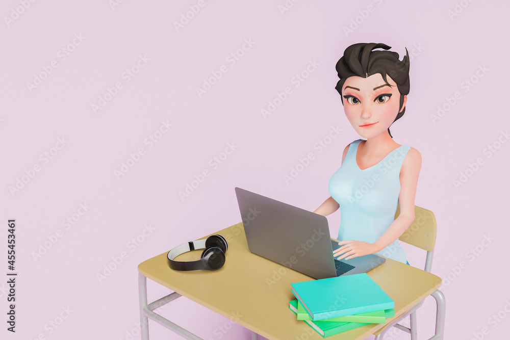 cartoon character of pretty girl with big eyes looking at the camera while using a laptop on a school desk. concept of education, learning and back to school. 3d rendering cartoon character of pretty girl with big eyes looking at the camera while using a laptop on a school desk. concept of education, learning and back to school. 3d rendering