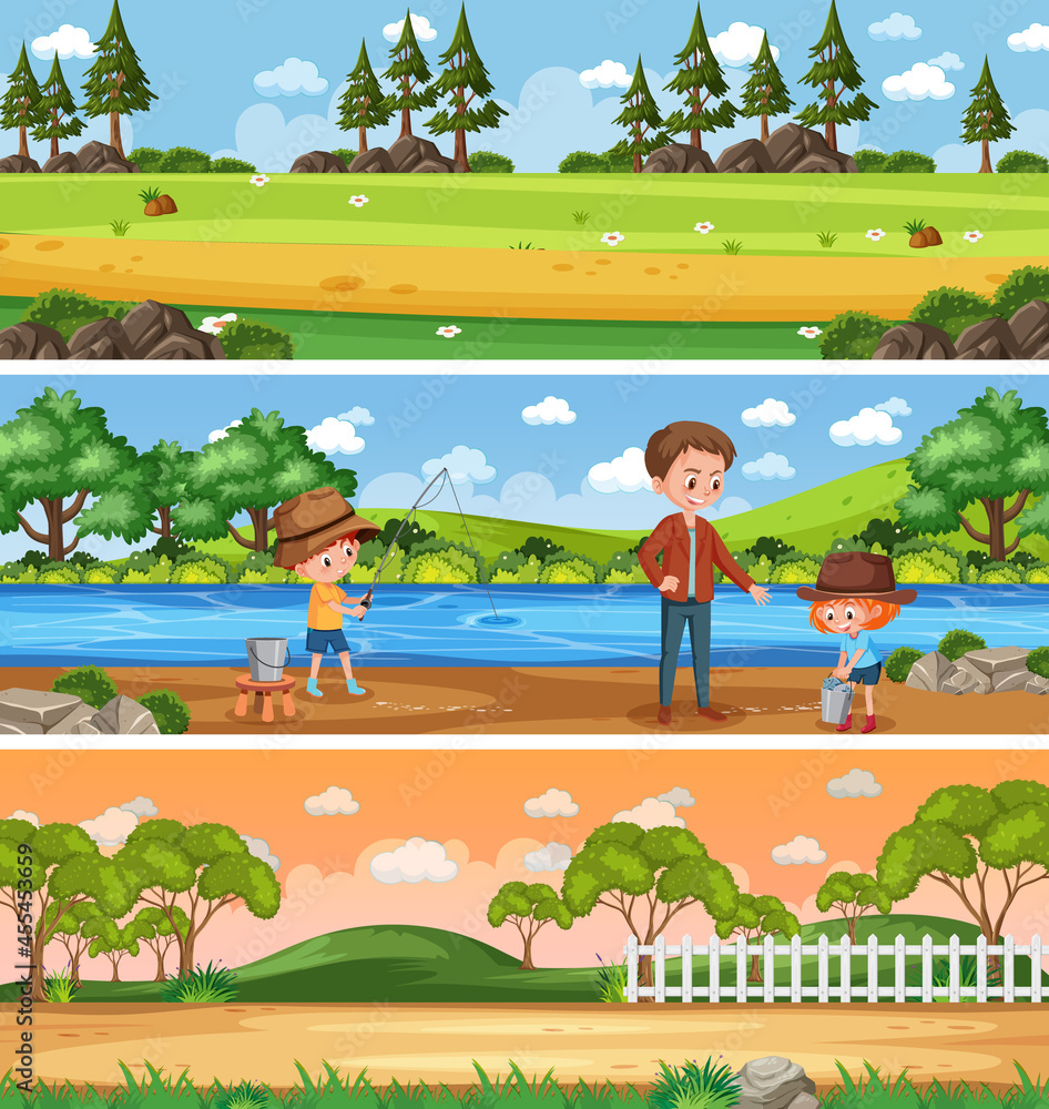 Fototapeta Different nature landscape at daytime scene with cartoon character