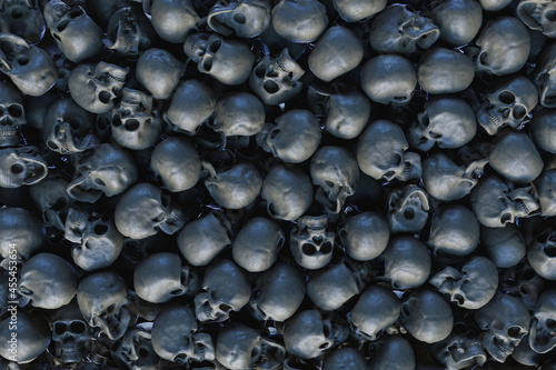 abstract background of a wall full of stacked skulls with cool lighting. halloween concept. 3d rendering 
