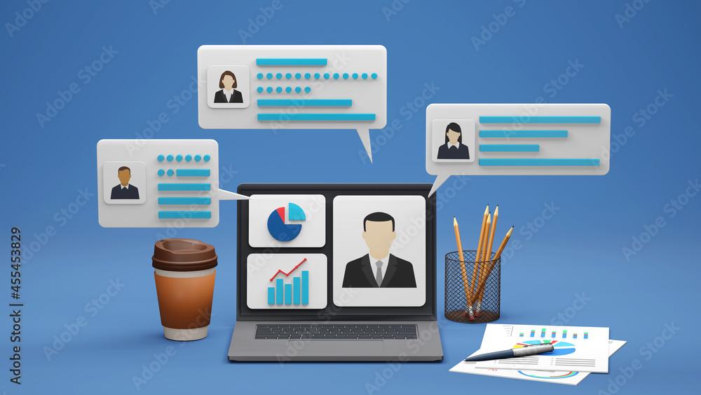 3D render illustration. Digital business concept. business team using laptop for online meeting in video call on blue background. 3D render illustration. Digital business concept. business team using laptop for online meeting in video call on blue background.