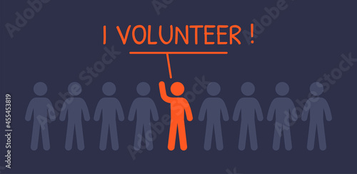 I volunteer banner. Man raise hand for voluntary icon vector illustration