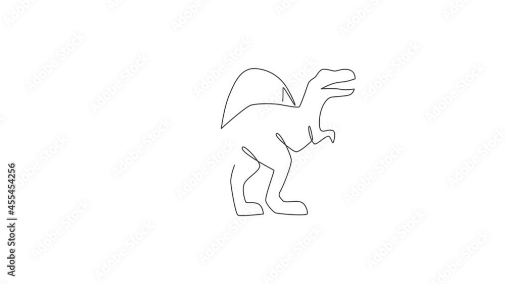 Animation of one single line drawing of wild spinosaurus for logo identity. Dino animal mascot concept for prehistoric theme park icon.Continuous line self draw animated. Full length motion. Animation of one single line drawing of wild spinosaurus for logo identity. Dino animal mascot concept for prehistoric theme park icon.Continuous line self draw animated. Full length motion.