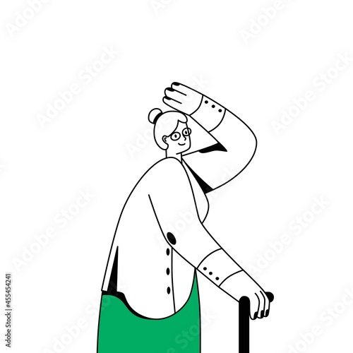 Senior woman looking ahead, observing smth. Happy old spectator watching with joy. Aged person with cane standing and staring forward. Flat vector illustration isolated on white background