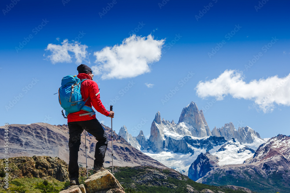 Active man hiking in the mountains. Patagonia, Mount Fitz Roy. Mountaineering sport lifestyle concept
