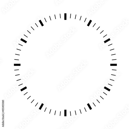 blank clock face on white background. hour dial sign. Dashes mark minutes and hours symbol. flat style.