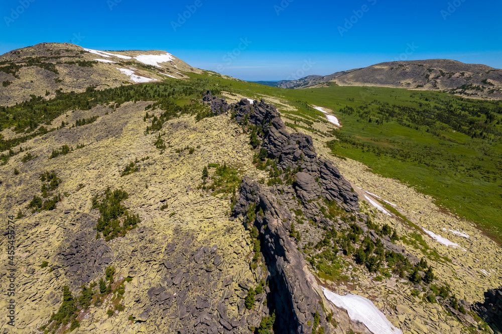 Sheregesh ski resort in summer, landscape on mountain Mustag, aerial top view Kemerovo region Russia