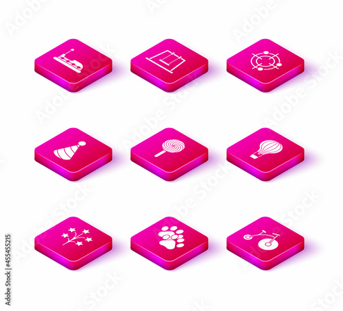 Set Fireworks, Paw print, Party hat, Lollipop, Vintage bicycle with one big wheel and one small, Hot air balloon, Target sport for shooting competition and Swing icon. Vector