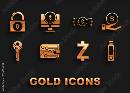 Set Cryptocurrency wallet, Hand holding Bitcoin, USB flash drive, Zcash ZEC, key, bitcoin circle with microchip circuit, Lock and Monitor Ethereum ETH icon. Vector