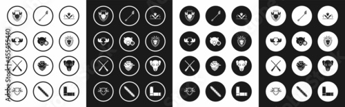 Set Trap hunting, Hunt on bear with crosshairs, Moose horns shield, head, Deer antlers, Flame arrow, Hunting dog and Two crossed shotguns icon. Vector