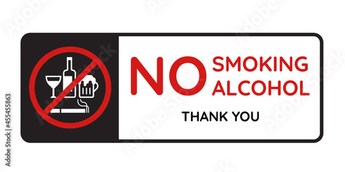 no smoking alcohol and thank you text in banner with white wine glass, Liquor bottle, Beer glassred and cigarette in red stop circle sign vector design