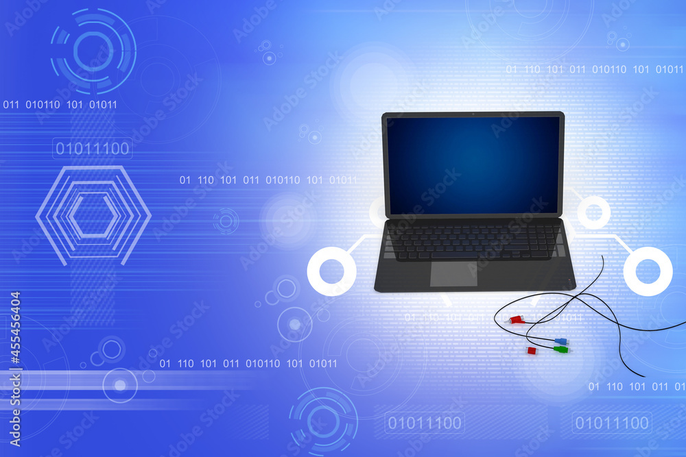 3d illustration laptop computer with aux rj 45 cables
3d illustration laptop computer with aux rj 45 cables