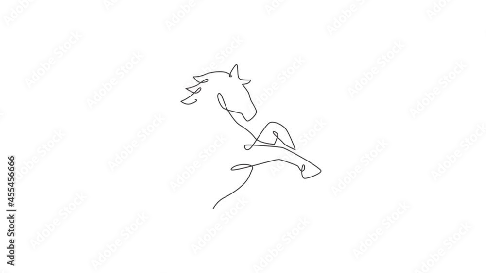 Animation of one single line drawing of jumping elegance horse for company logo identity. Strong gallop head mammal animal symbol concept. Continuous line self draw animated. Full length motion. Animation of one single line drawing of jumping elegance horse for company logo identity. Strong gallop head mammal animal symbol concept. Continuous line self draw animated. Full length motion.