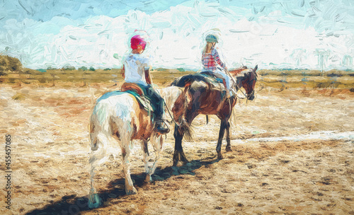 girl trains horse on a beautiful summer day. Painting effect.