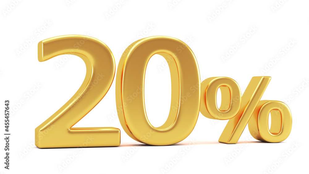Gold percent isolated on white background. 20% off on sale. 3d render illustration for business ideas. Gold percent isolated on white background. 20% off on sale. 3d render illustration for business ideas.