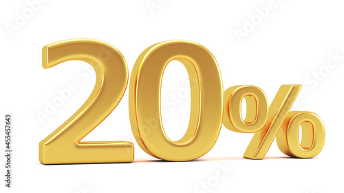 Gold percent isolated on white background. 20% off on sale. 3d render illustration for business ideas.