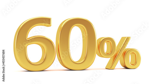 Gold percent isolated on white background. 60% off on sale. 3d render illustration for business ideas.