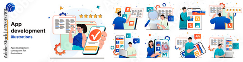 App development isolated set. Programmers develop software and software. People collection of scenes in flat design. Vector illustration for blogging, website, mobile app, promotional materials.