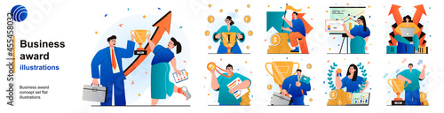 Business award isolated set. Businessman and businesswoman celebrate victory. People collection of scenes in flat design. Vector illustration for blogging, website, mobile app, promotional materials.