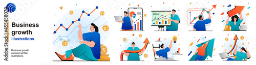 Business growth isolated set. Successful development and financial growth. People collection of scenes in flat design. Vector illustration for blogging, website, mobile app, promotional materials.