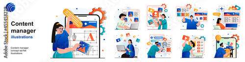 Content manager isolated set. Filling site with pictures and graphic elements. People collection of scenes in flat design. Vector illustration for blogging, website, mobile app, promotional materials.