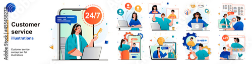 Customer service isolated set. Consultation and support, call center hotline. People collection of scenes in flat design. Vector illustration for blogging, website, mobile app, promotional materials.