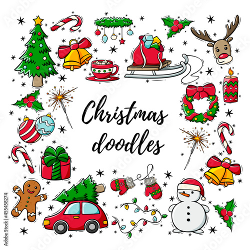 Hand drawn icon set of Christmas decorations in doodle style. Christmas and New Year's doodles. Vector illustration isolated on white background.