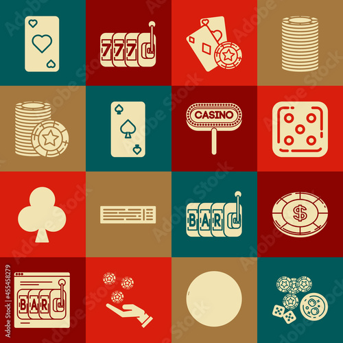 Set Casino chips, game dice and glass of whiskey with ice cubes, dollar symbol, Game, playing cards, Playing spades, heart and signboard icon. Vector
