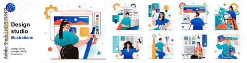 Design studio isolated set. Designers create content and graphic elements. People collection of scenes in flat design. Vector illustration for blogging, website, mobile app, promotional materials.
