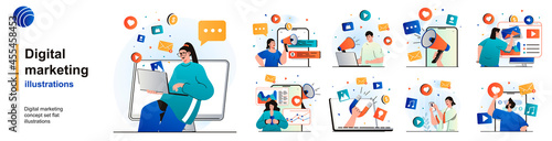 Digital marketing isolated set. Online promotion and attraction new clients. People collection of scenes in flat design. Vector illustration for blogging, website, mobile app, promotional materials.
