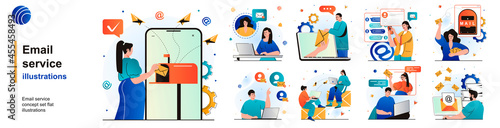 Email service isolated set. Advertising or newsletter, personal correspondence. People collection of scenes in flat design. Vector illustration for blogging, website, mobile app, promotional materials