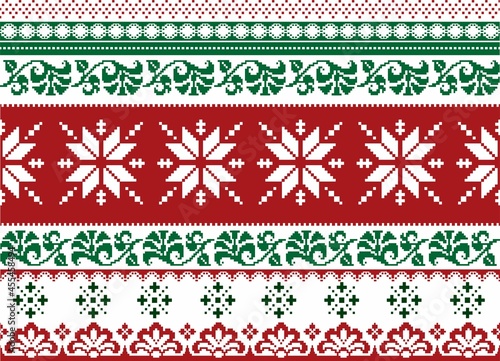 Nordic seamless knit Christmas red and green pattern for sweater. vector
