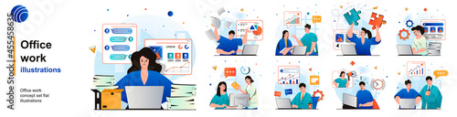 Office work isolated set. Employees analyze data, paperwork, perform tasks. People collection of scenes in flat design. Vector illustration for blogging, website, mobile app, promotional materials.