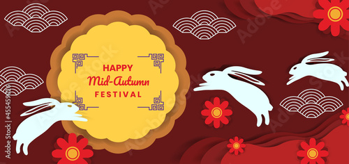 Mid-Autumn Festival in paper art style with moon cake,  beautiful rabbit and cloud elements photo