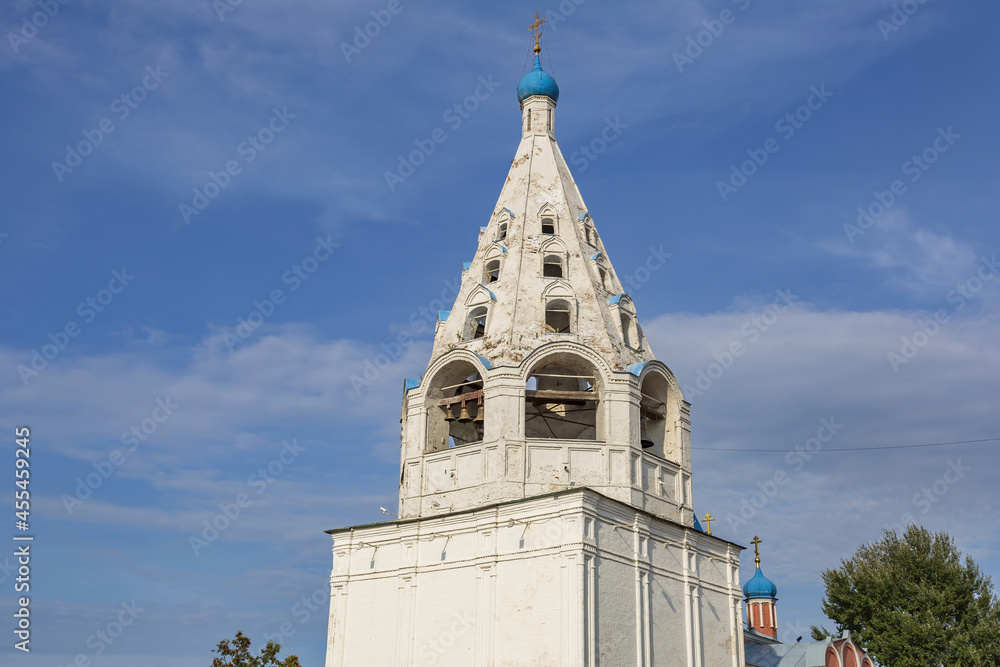 Exterior of the bell tower of the Orthodox Assumption Cathedral made of white stone. Built in 1692. Kolomna, Russia