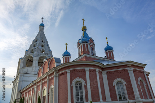 Exterior of the bell tower of the Orthodox Assumption Cathedral made of white stone. Built in 1692. Kolomna, Russia