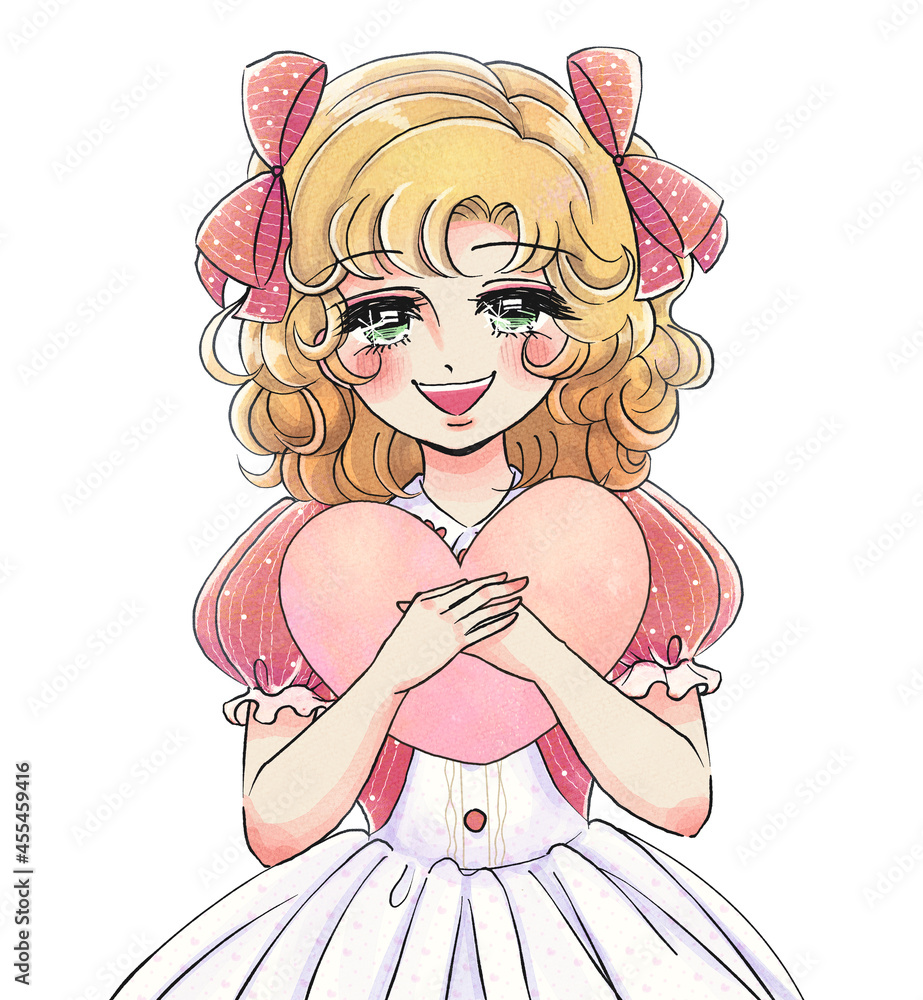 70年代少女漫画・笑顔の金髪お嬢様・ハートを抱く