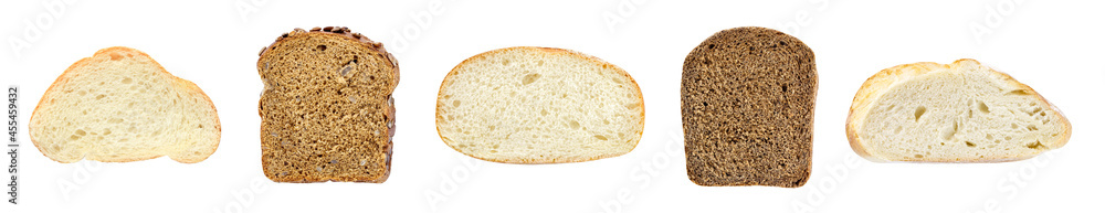 Bakery products baking sliced pieces, set of white and dark bread, isolated on white background Bakery products baking sliced pieces, set of white and dark bread, isolated on white background